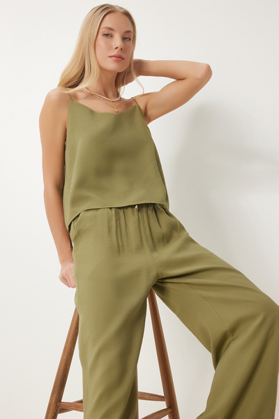 Happiness İstanbul Women's Khaki Strappy Woven Blouse Pants Set Mc00293