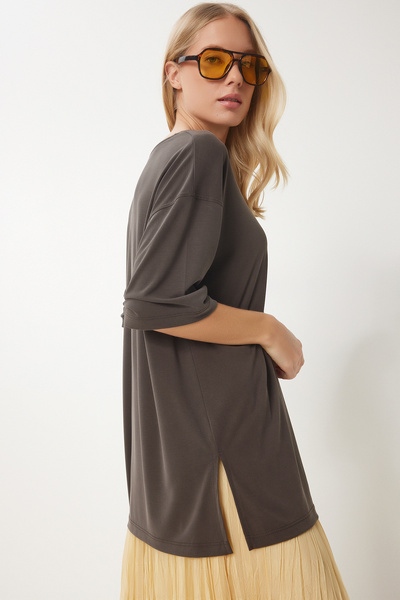 Happiness İstanbul Γυναικείο μπλουζάκι καφέ Oversize Basic Modal UB00323