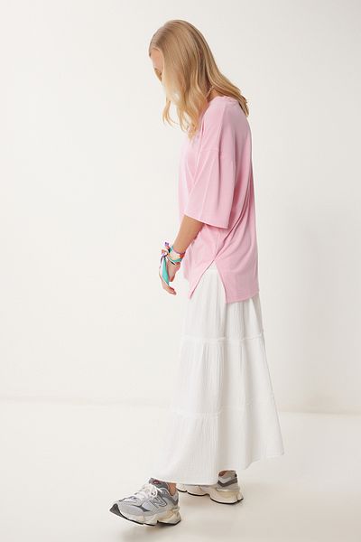 Happiness İstanbul Women's Pink Oversize Basic Modal T-Shirt Ub00323