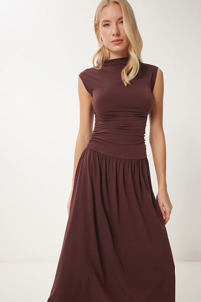 Happiness İstanbul Braunes Midikleid Sandy mit Kordelzug für Damen UB00320