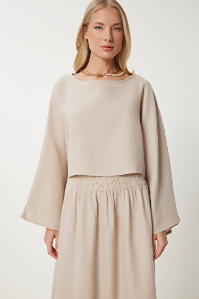Happiness İstanbul Női bézs muszlin blúz szoknya szett RV00206
