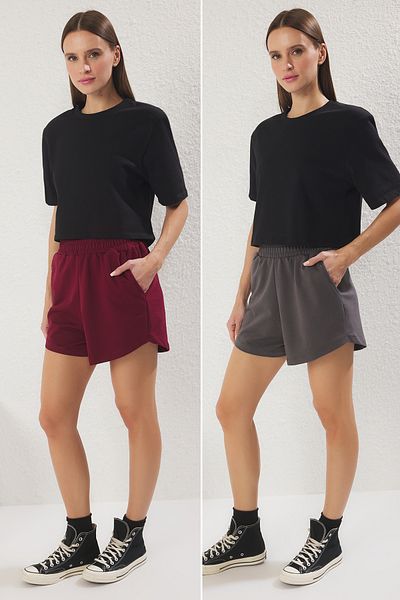 Trendyol Collection Anthrazit-Burgunderrot 2er-Pack entspannte, kurze, dehnbare Strickshorts und Bermudas
