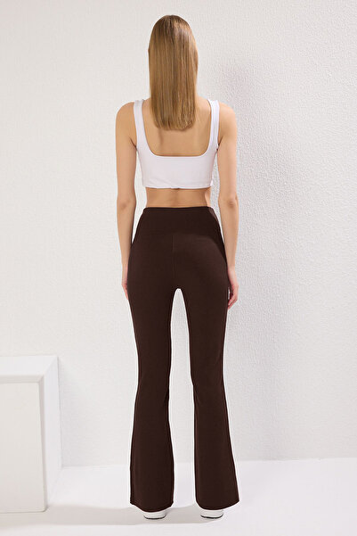 Trendyol Collection Tmavě hnědé šňůrové šněrovací legíny na jógu pletené sportovní legíny TWOAW23TY00011