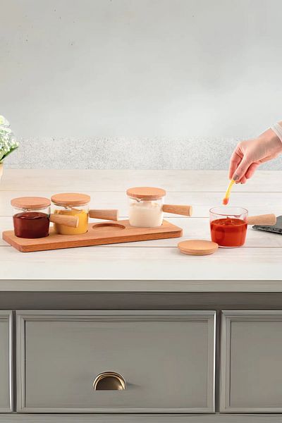 Heredot Mithra Life 4Pcs Mica Clear Presenter and Sauce Bowl Set - Jam Snack Bowl with Wooden Handle Stand Mit1152