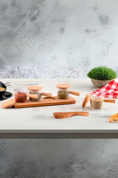 Heredot Mithra Life 4Pcs Mica Clear Presenter and Sauce Bowl Set - Jam Snack Bowl with Wooden Handle Stand Mit1152
