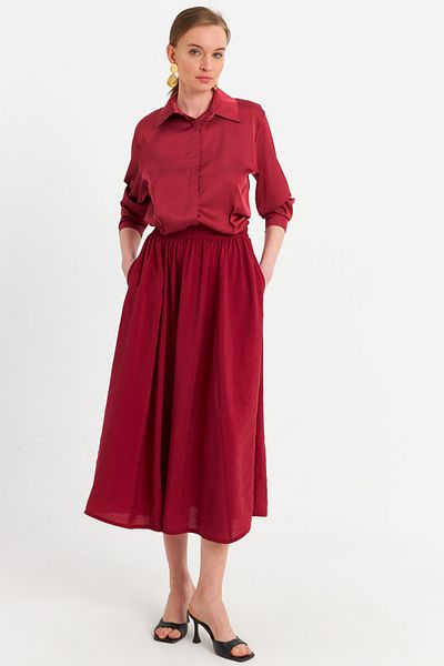 Cool & Modest Fusta midi cu buzunar burgundy pentru damă MSH20194