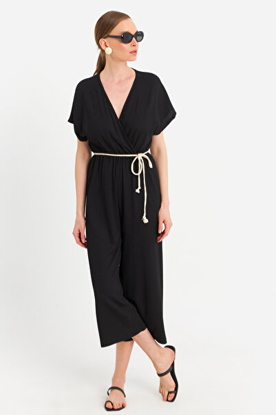 Cool & Sexy Schwarzer zweireihiger Wickeloverall für Damen OR10007