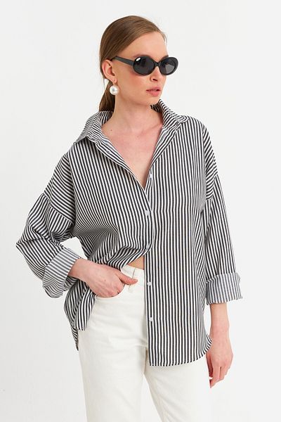 Cool & Sexy Ecru-schwarz gestreiftes Damenhemd ZER425