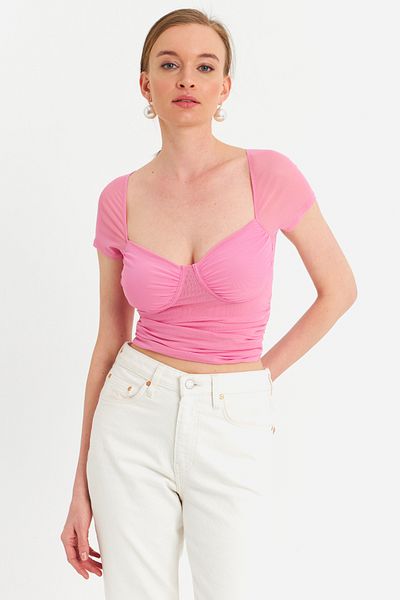 Cool & Sexy Μπλούζα Pink Tulle Crop - Γυναικεία Ροζ Κορδόνι TPG04