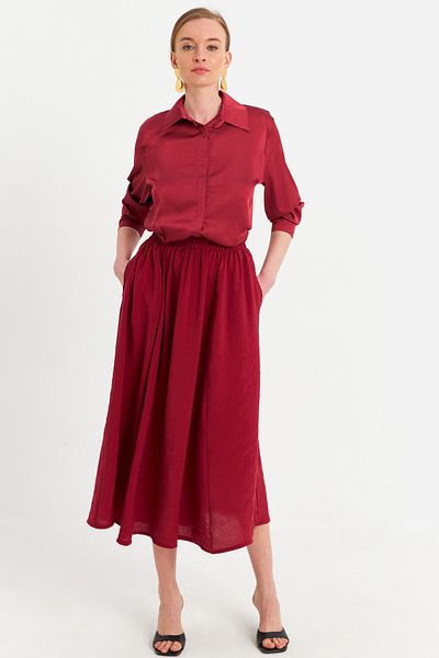 Cool & Modest Fusta midi cu buzunar burgundy pentru damă MSH20194
