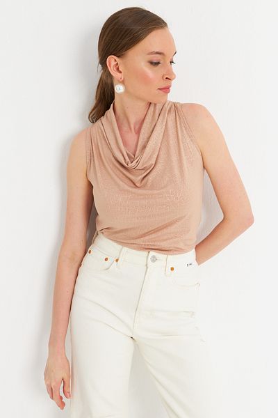 Cool & Sexy Women's Beige Back Window Patterned Blouse Lpp1021