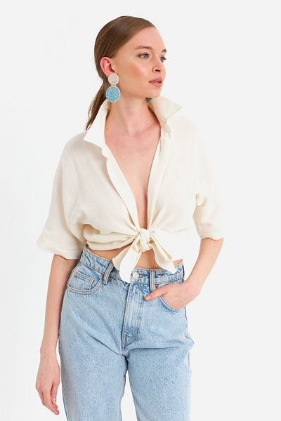 Cool & Sexy Women's Ecru Tied Linen Blouse Bth16