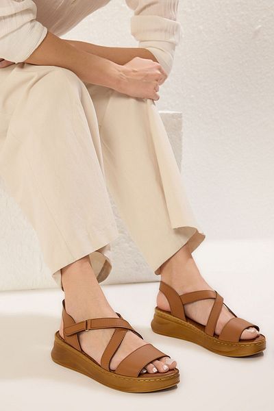 TRENDYOL SHOES Tan Cross Velcro Straps Extra Comfortable Flat Women's Sandals Takss25Sd00000