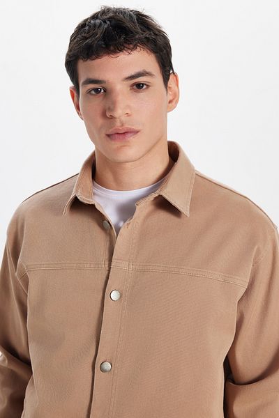 Tudors Ανδρικό πουκάμισο με πέτρινο μπουφάν Relax Fit Relaxed Cut Gabardine Lycra με τσέπες στο πλάι