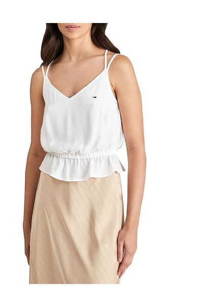 Tommy Jeans TANK FELSŐ, NŐI, V-NYAKÚ, EGYSZÍNŰ, HÍMZETT LOGO