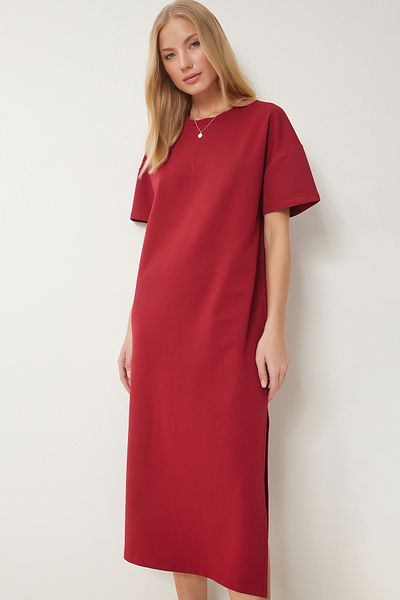 Happiness İstanbul Damen Burgund Baumwolle Sommer Casual gekämmt Kleid UB00080