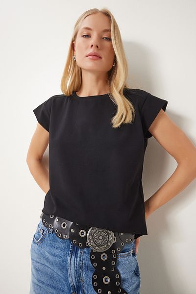 Happiness İstanbul Schwarzes Basic-Strick-T-Shirt für Damen HW00017