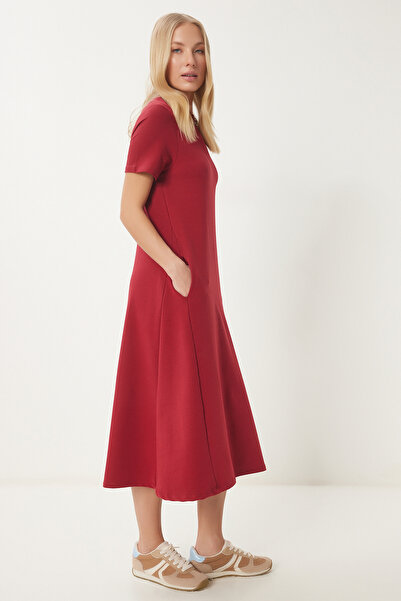 Happiness İstanbul Dámske bordové letné česané bavlnené šaty áčkového strihu UB00060