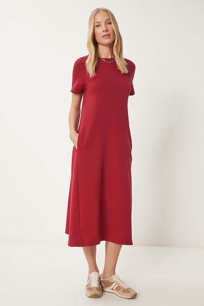 Happiness İstanbul Burgunderrotes A-Linien-Sommerkleid aus gekämmter Baumwolle für Damen UB00060