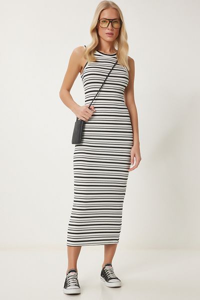 Happiness İstanbul Rochie tricotată midi de vară cu dungi alb-negru pentru femei UB00337