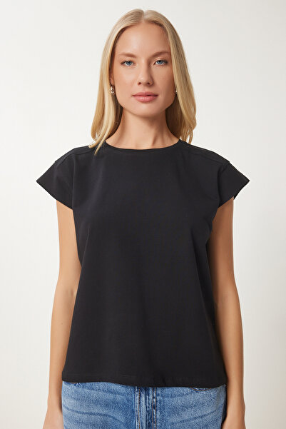 Happiness İstanbul Tricou negru de bază tricotat pentru femei HW00017