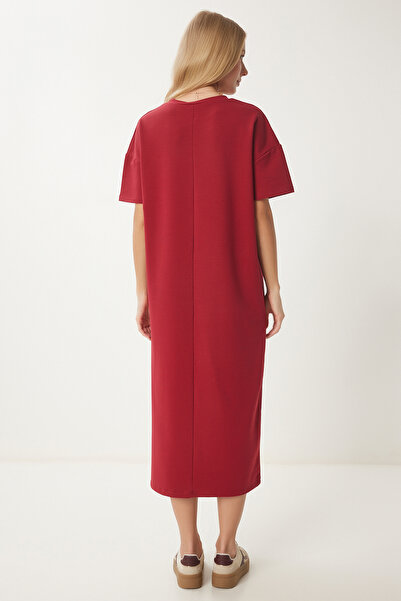 Happiness İstanbul Dámské bordové bavlněné letní ležérní česané bavlněné šaty UB00080