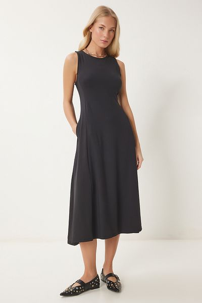 Happiness İstanbul Women's Black Pocket Summer Flared Midi Dress Ub00329