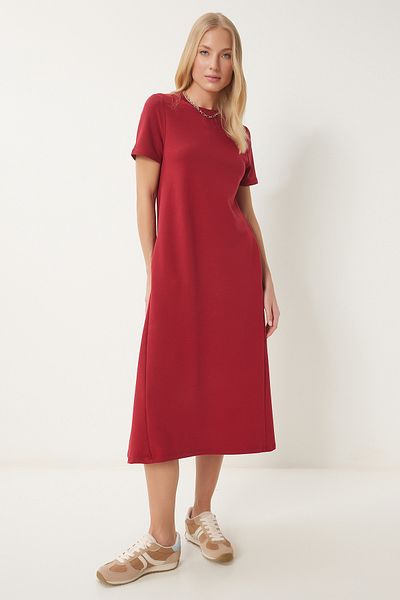 Happiness İstanbul Burgunderrotes A-Linien-Sommerkleid aus gekämmter Baumwolle für Damen UB00060