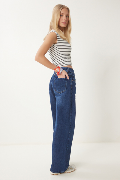 Happiness İstanbul Blaue Damenjeans mit weitem Bein und Waschung US00960