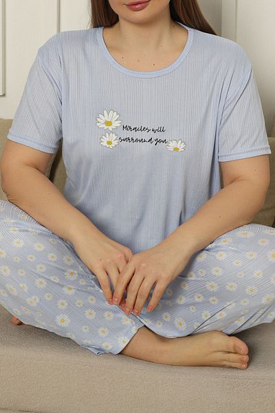 Edit by Trendyol Lilac Daisy Patterned Knitted Large Size Pajama Set Tedss25Ai00003