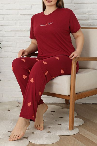 Edit by Trendyol Burgundy Heart Patterned Buttoned Knitted Large Size Pajama Set Tedss25Ai00002