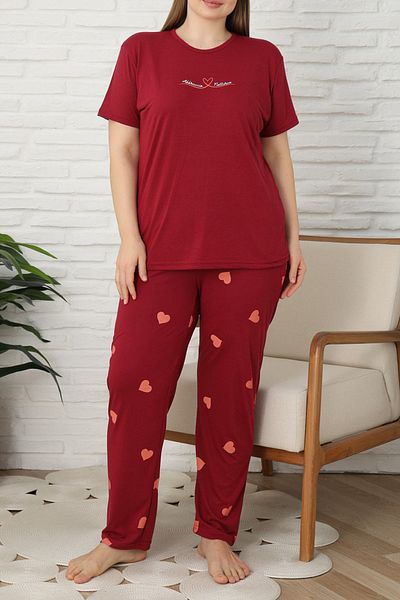 Edit by Trendyol Burgundy Heart Patterned Buttoned Knitted Large Size Pajama Set Tedss25Ai00002