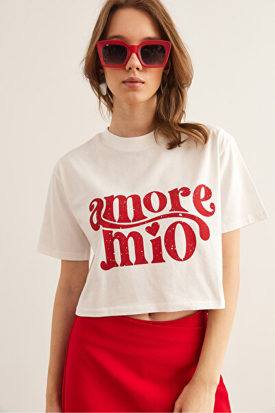 Olalook Γυναικείο T-shirt Ecru Amore με στάμπα από βαμβάκι TSH- 19000858