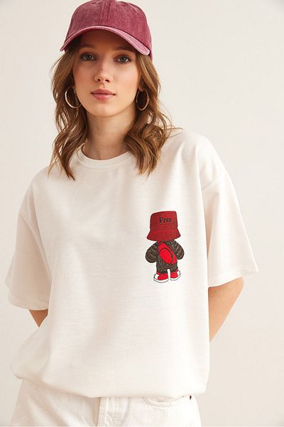Olalook Tricou alb pentru femei, cu 2 fire, imprimat în față și în spate, cu 2 fire, TSH- 19000852