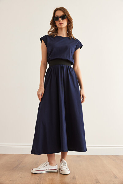 Olalook Kadın Lacivert Beli Lastikli Yarasa Penye Elbise ELB-19001509