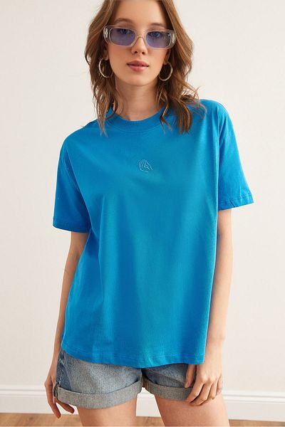 Olalook Γυναικείο Μπλε Κεντημένο Boyfriend Βαμβακερό T-Shirt TSH- 19000854