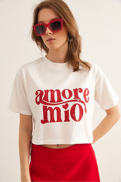 Olalook Women's Ecru Amore Printed Crop Cotton T-Shirt Tsh- 19000858