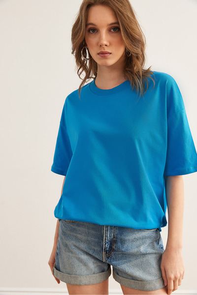 Olalook Tricou albastru din bumbac cu guler rotund pentru femei TSH- 19000853