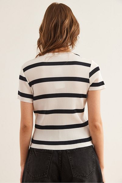 Olalook Women's Ecru Black Crew Neck Striped Pleated Blouse Blz- 19002893