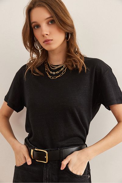 Olalook Tricou negru cu decolteu evazat pentru femei TSH- 19000860