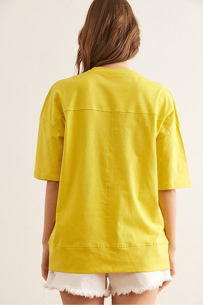 Olalook Women's Yellow Stitching Detailed Front Cut Cotton T-Shirt Tsh- 19000800