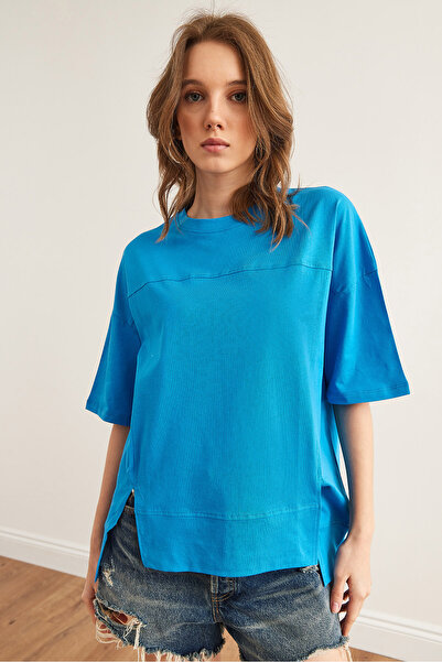 Olalook Γυναικείο μπλουζάκι με μπλε ουρανό με λεπτομέρεια ραφής, βαμβακερό μπλουζάκι TSH- 19000800