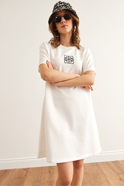 Olalook Dámské Ecru Geometrické tištěné tunikové šaty ELB- 19002353