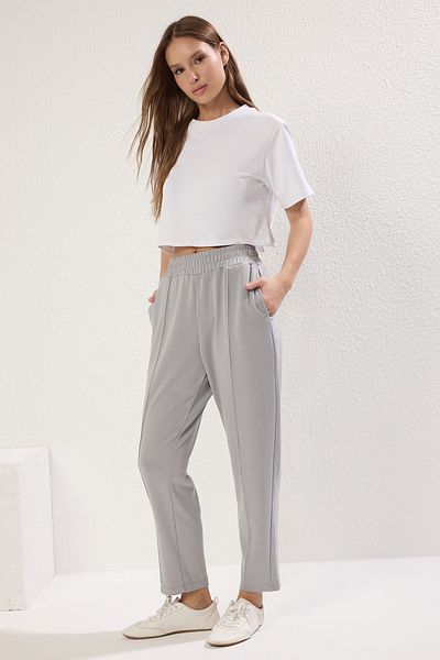 Trendyol Collection Dolphin Gray Soft Button Ribbed Stretchy Knitted Trousers Twoss25Pl00074
