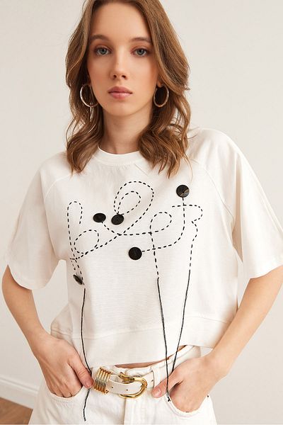 Olalook Women's Ecru Button Detailed Design Crop Cotton T-Shirt Tsh- 19000855
