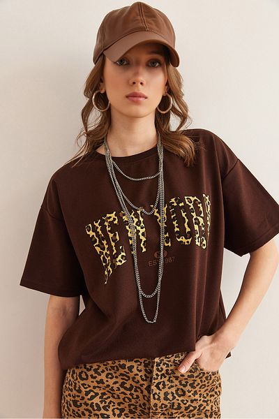 Olalook Women's Brown Leopard Newyork T-Shirt 2 Wise Comfortable Fit