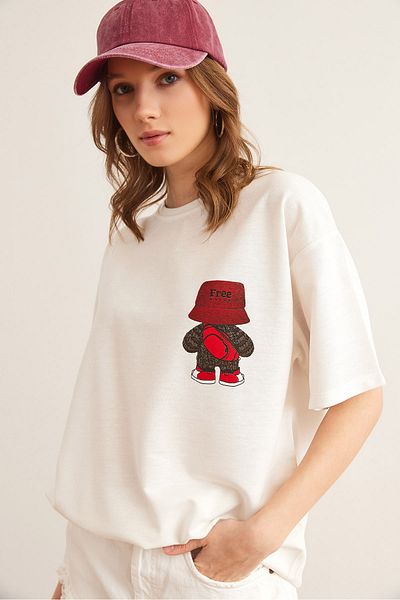 Olalook Tricou alb pentru femei, cu 2 fire, imprimat în față și în spate, cu 2 fire, TSH- 19000852