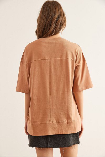 Olalook Women's Camel Stitching Detailed Front Cut Cotton T-Shirt Tsh- 19000800