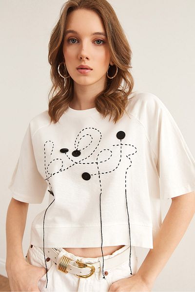 Olalook Women's Ecru Button Detailed Design Crop Cotton T-Shirt Tsh- 19000855