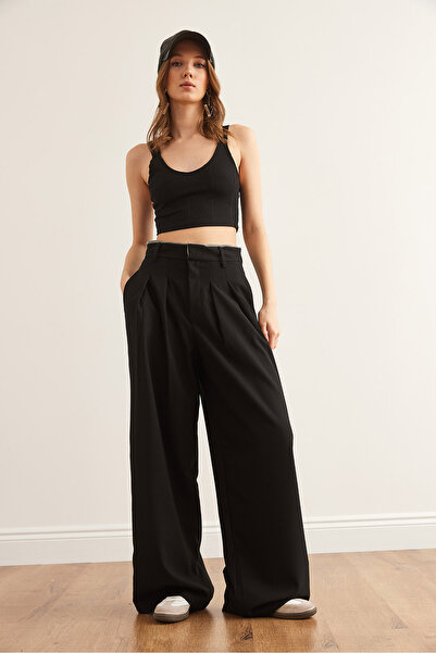 Olalook Women's Black Pocket Pleated Wide Leg Polyviscon Trousers Pnt- 19000321